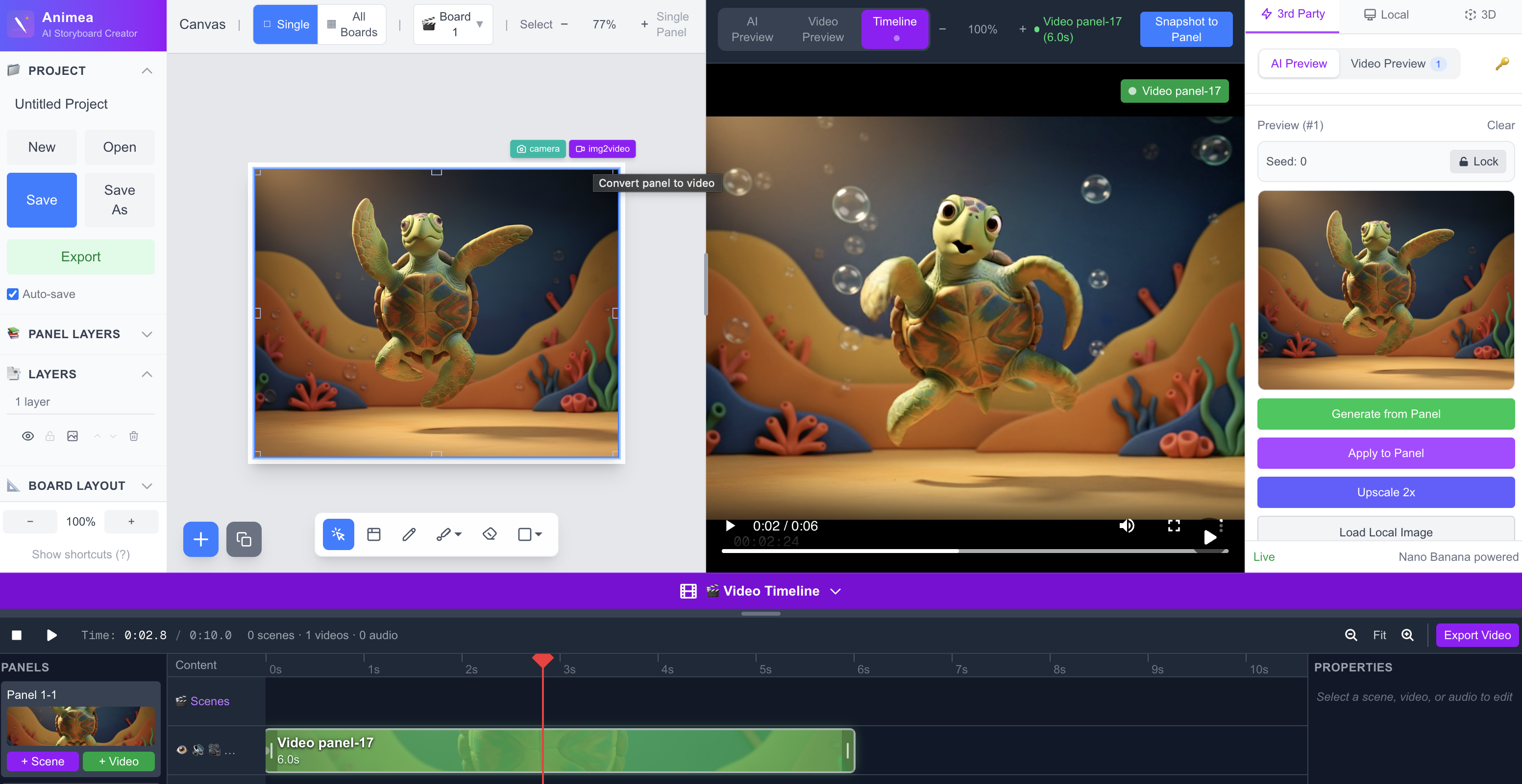 Animea editor workspace showing AI art transformation and video timeline